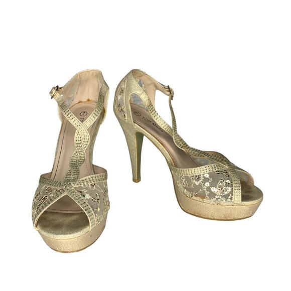 TOP Moda Shoes - Top Moda HY-11 Ankle Buckle T-Strap Peep Toe Stilleto Gold High Hells Size 7